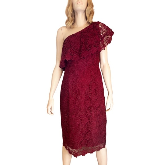 Nanette Lepore Sheath Dress Embroidered All Over Lace Cranberry Red One Shoulder - Picture 4 of 14